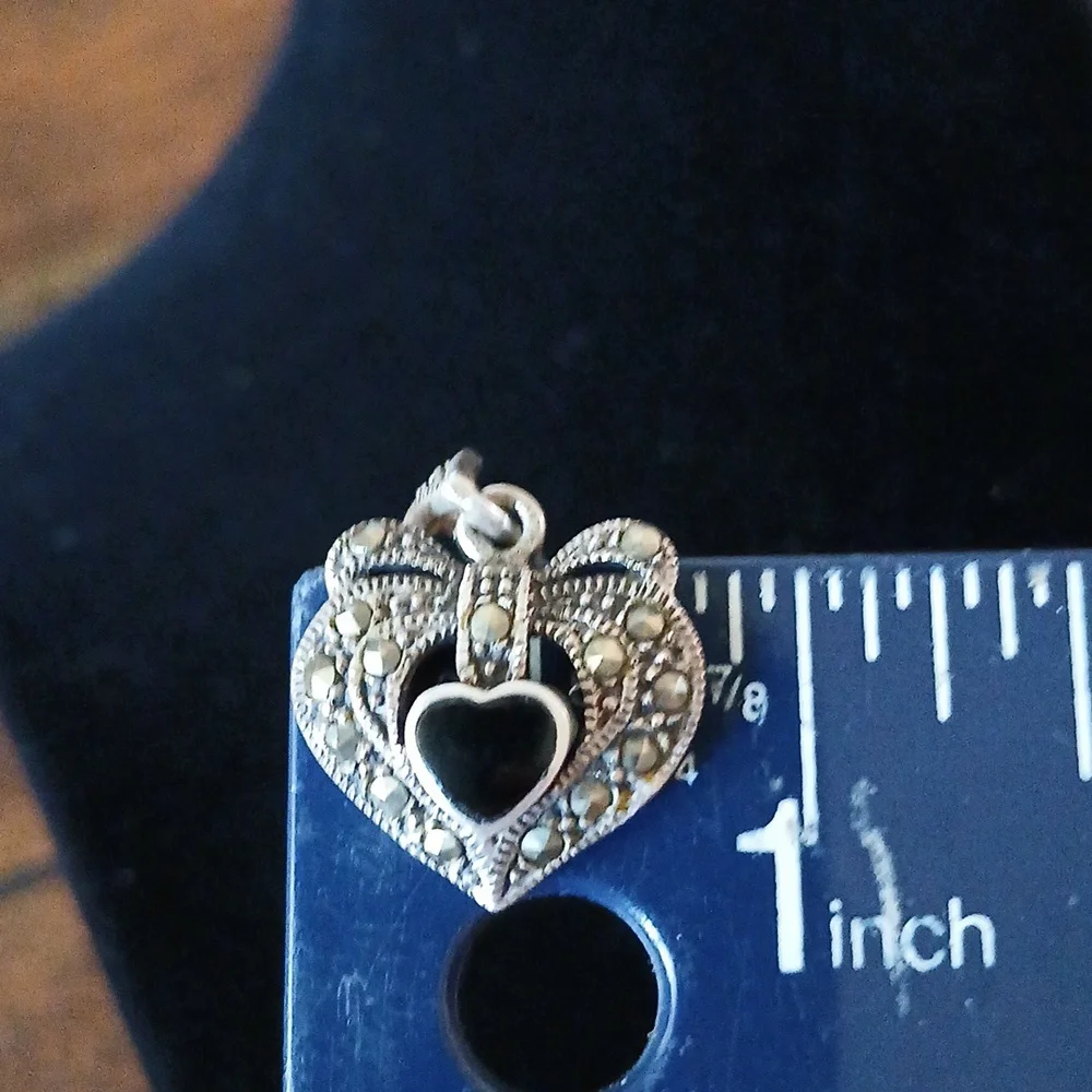 Vintage Sterling Silver Black Onyx Heart Marcasite Heart Pendant